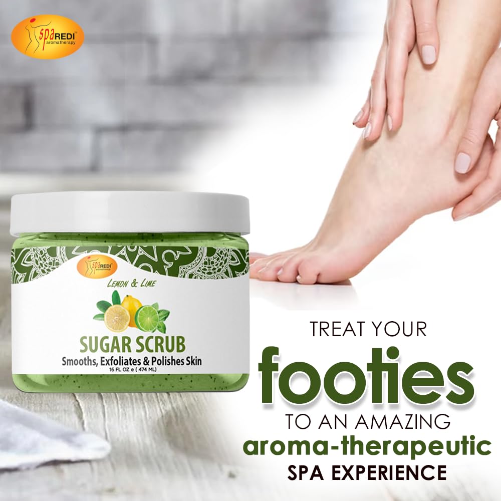 SPA REDI Sugar Scrub Lemon and Lime - Moisturizing and Exfoliating Body Scrub, Face, Hand, Foot Scrub body exfoliator for Nourishing, Glow, Polish, Smooth and Fresh Skin 16 Oz