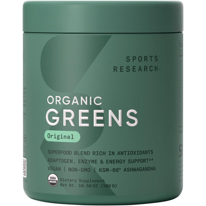 Sports Research® Organic Greens Superfood Powder w/Spirulina & Chlorella, Adaptogens, Enzymes, Probiotics & 8 VIT Bs for Gut & Mood Support* -Vegan, Sugar-Free & Low-Cal Original 30 Servings