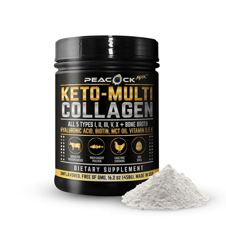 Peacock Max Keto Multi Collagen Peptides 16.2 oz - Bone Broth Protein Powder, 5 Types Hydrolyzed Collagen, MCT Oil, Biotin & Electrolytes for Joint, Skin, Hair & Gut Health, Unflavored Protein Powder