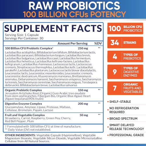 Wholesome Wellness Organic Raw Probiotics 100 Billion CFU, Dr Formulated for Women and Men, Complete Adult Supplement with Prebiotics and Digestive Enzymes; 30 Capsules, Shelf Stable