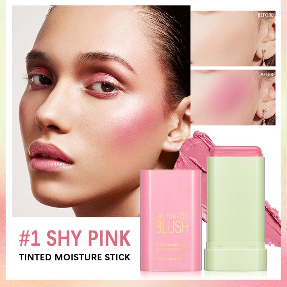 Mysense Pink Cream Blush Stick, Multi-use Makeup Blush for Cheeks Lips Eyes, Natural Matte Finish Waterproof Long-Lasting, 01 Shy Pink