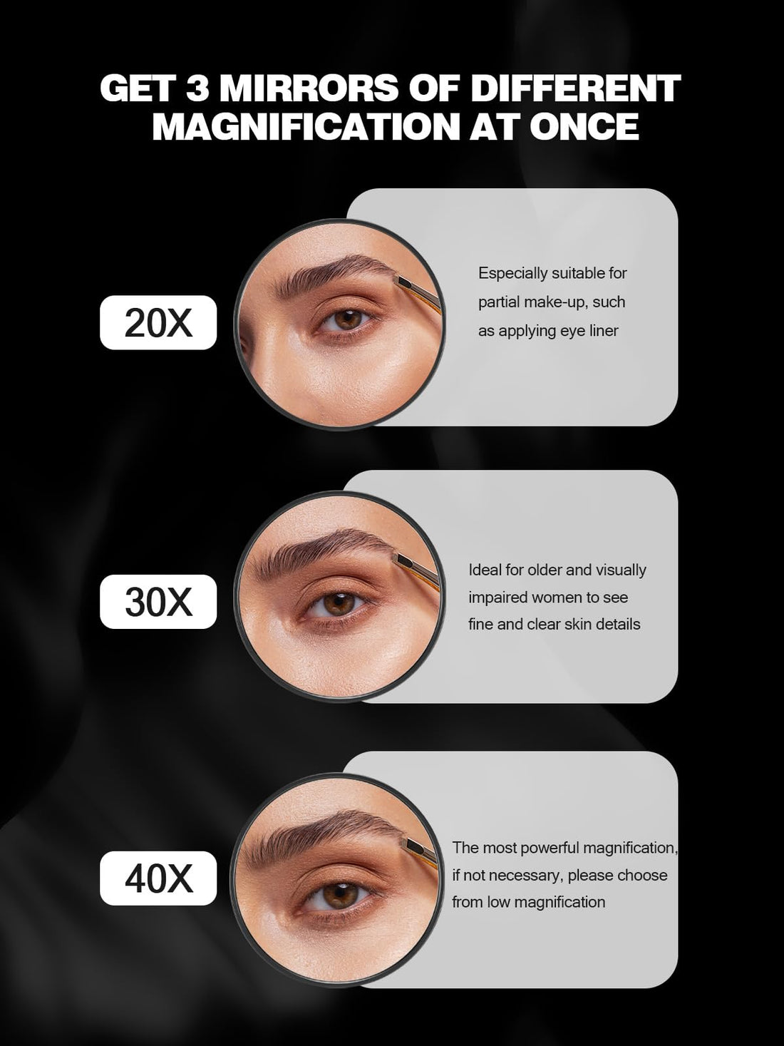 Macaki 20X/30X/40X Magnifying Mirror with Suction Cups and Tweezers Set, 3.5 inches Travel Magnified Makeup Mirror, Black, 3PCS