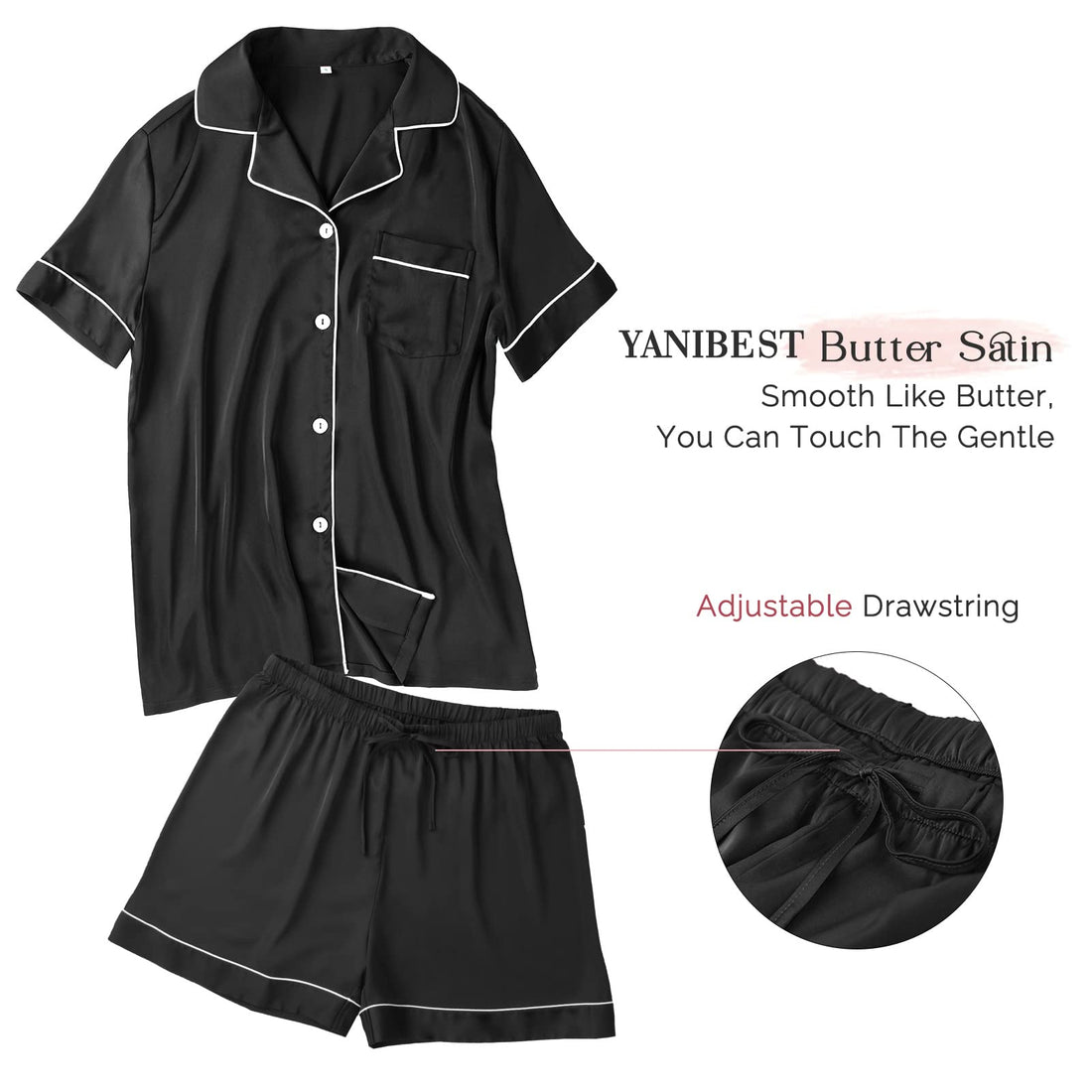 YANIBEST Womens Silk Satin Pajamas Set Short Sleeve Two-piece Pj Sets Sleepwear Loungewear Button-Down Pj Sets