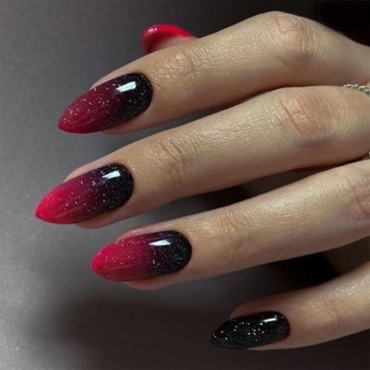 Red Press on Nails Almond Short Fake Nails with Designs Ombre Red Black False Nails Press ons Glossy Full Cover Acrylic Glue on Nails Cute Artificial Stick on Nails for Women Manicure 24Pcs