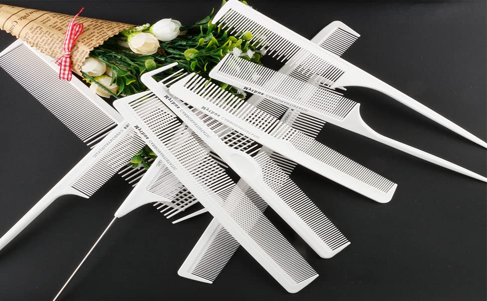 Mythus 10Pcs White Carbon Fiber Hair Combs Home Fine Cutting Set Professional Barber Hair Stylist Salon Hairdressing Comb Kit Tail Comb Antistatic Heat Resistant Hair Pick Comb for Men and Women