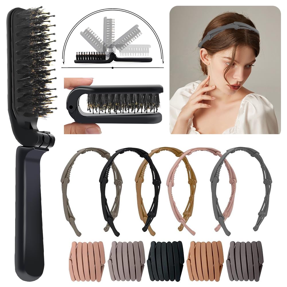 Aozzy Travel Hair Brushes Folding Hair Brush with Boar Bristle Portable Pocket Size Brushes