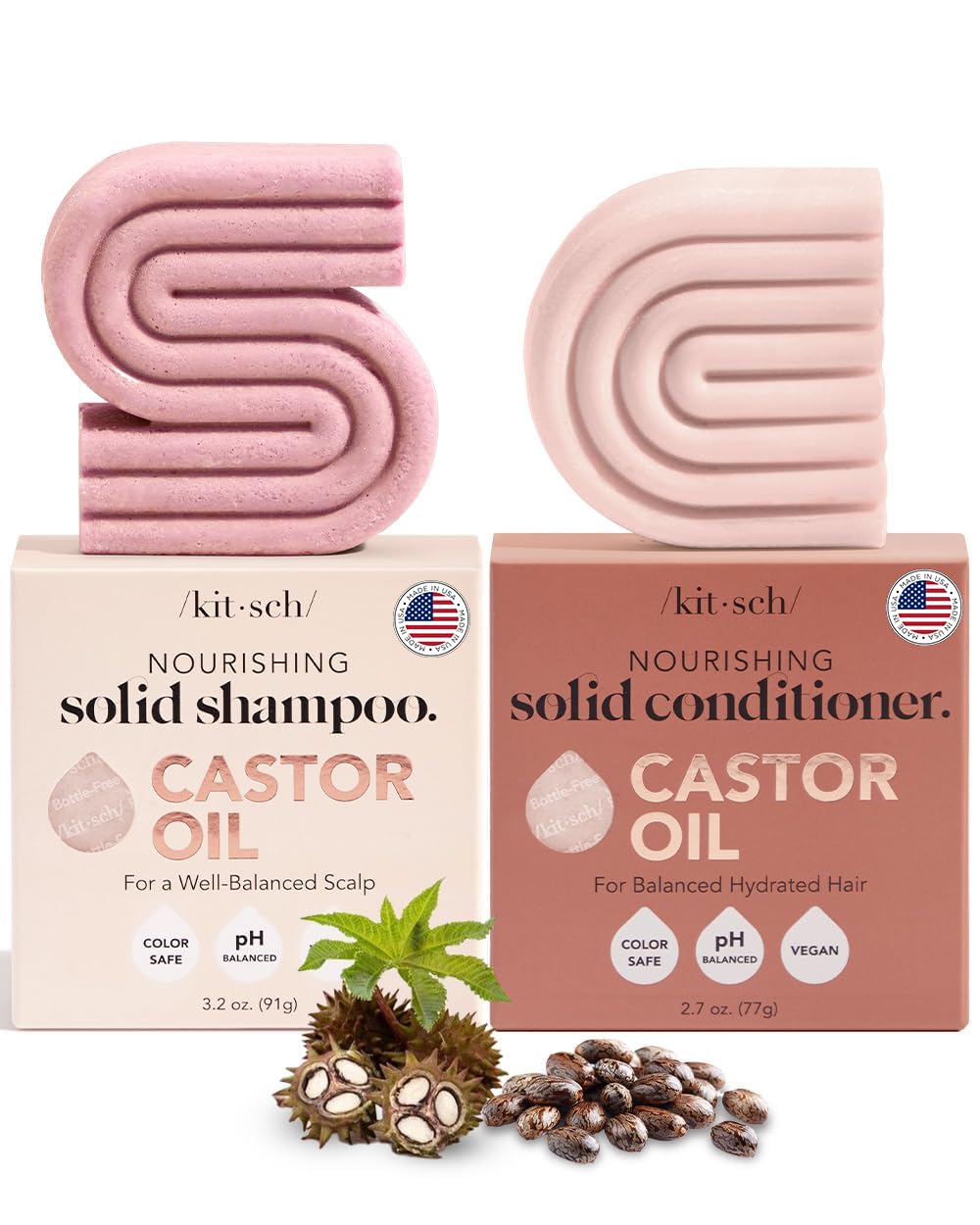 Kitsch Castor Oil Shampoo and Conditioner Set for Dull & Dry Hair - Nourishing Bar Soap for Well-Balanced, Hydrated Hair, Vegan, Strengthening Hair Care, Paraben-Free & Sulfate-Free, Made in US - 2pcs
