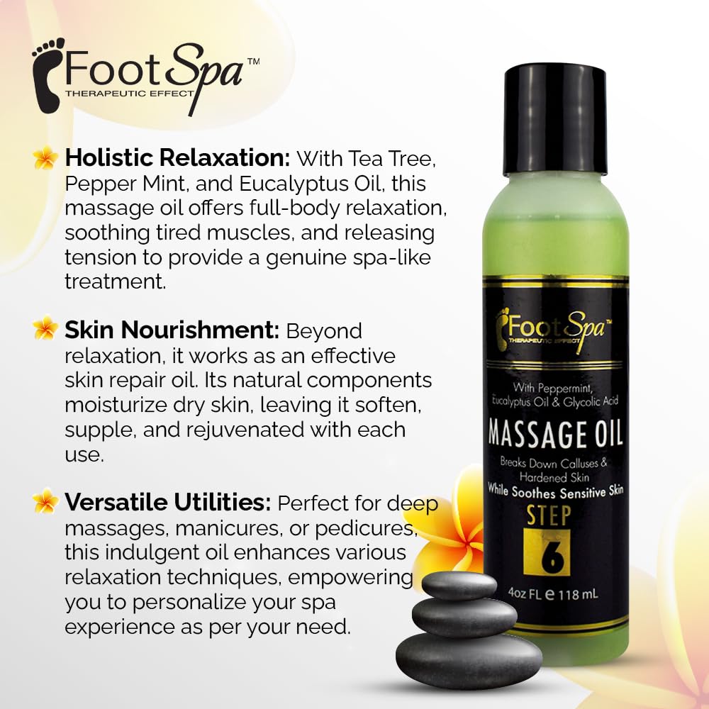 Foot SPA - Massage Oil, with Tea Tree, Pepper Mint, Eucalyptus Oil, 4 Oz - Professional Full Body Massage Therapy, Manicure, Pedicure - Relax Sore Muscles and Repair Dry Skin
