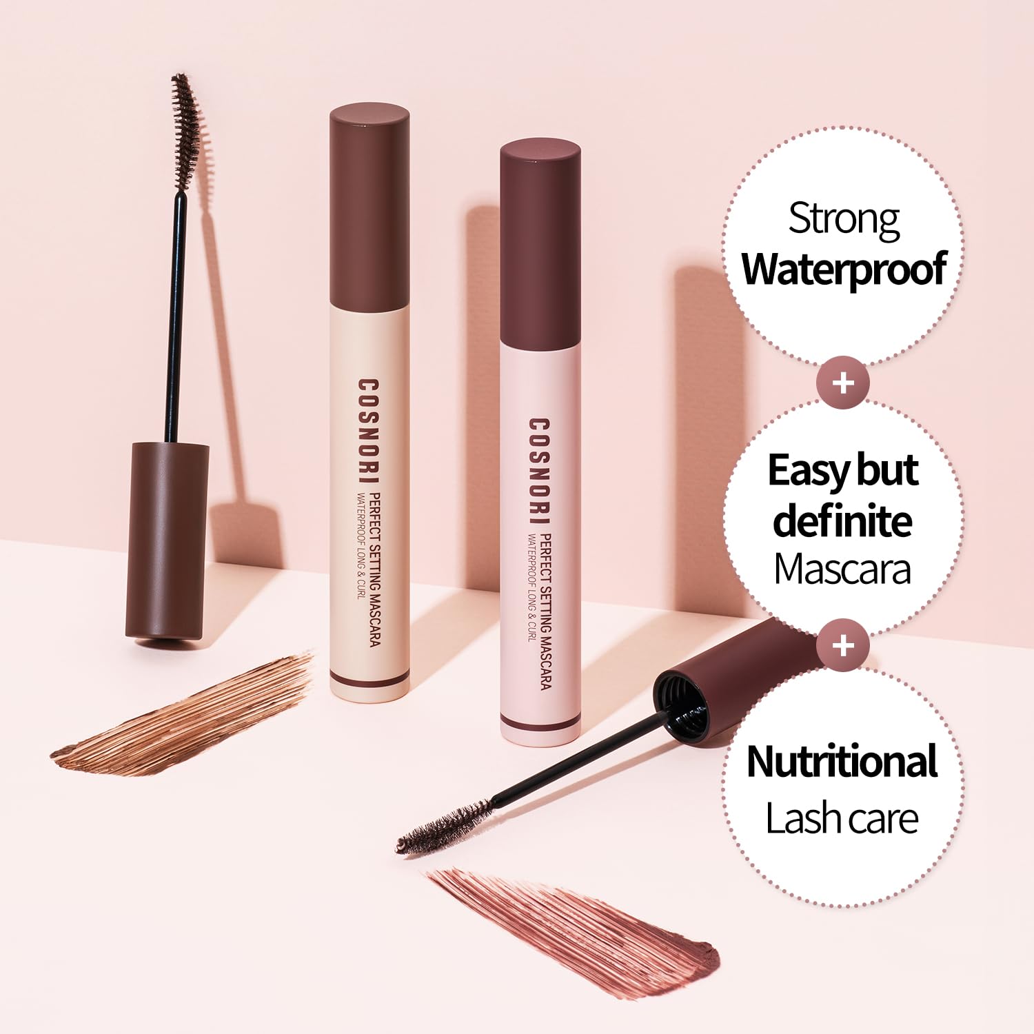 COSNORI Perfect Setting Waterproof Mascara Long&Curl 02 Cozy Brown – Long Lasting Smudge - Brown Mascara - Soft Definition for Blue & Green Eyes - K Beauty - 0.23fl oz (7ml)