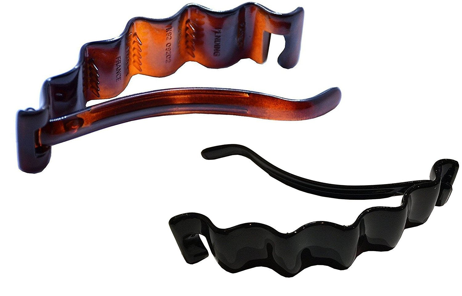 Parcelona French Crinkled Set of 2 Tortoise Shell and Glossy Black Large Celluloid Metal Free Hair Clip Barrettes