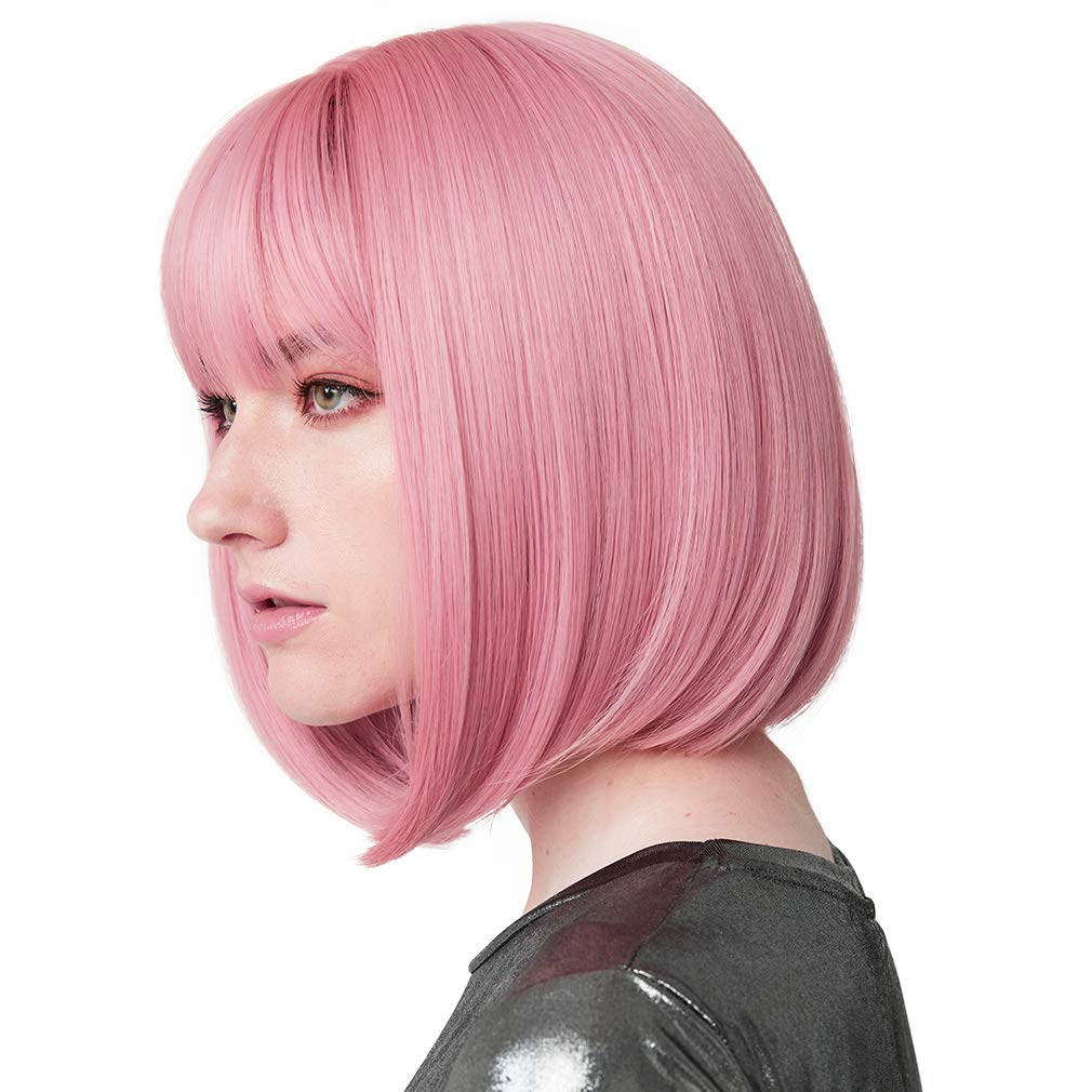 11 Inches, Short Length-Princess Pink: Reecho 11 Short Bob Wig With Bangs Cosplay Synthetic Hair For White Black Women Color: Princess Pink