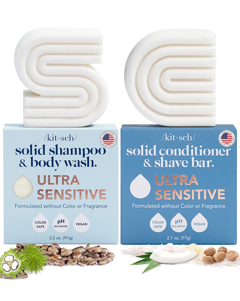 Kitsch 2-in-1 Ultra Sensitive Shampoo & Body Wash for Sensitive Scalp & Skin & 2-in-1 Conditioner & Shave Bar for Hair & Body, Made in US, Vegan Soap Bar, Scent Free & Paraben Free