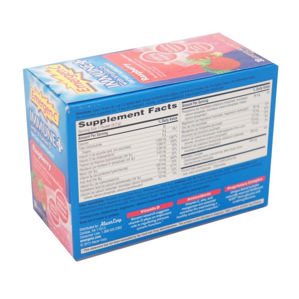Emergen-C Immune+ Triple Action Immune Support Powder, BetaVia (R), 1000mg Vitamin C, B Vitamins, Vitamin D and Antioxidants, Raspberry – 30 Count