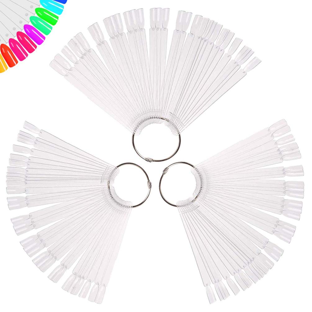 150 Pcs Clear Nail Swatch Sticks with Ring, Fan Shape Nail Art Tips, False Nail Sample Sticks, Nail Practice Color Display, Transparent Board
