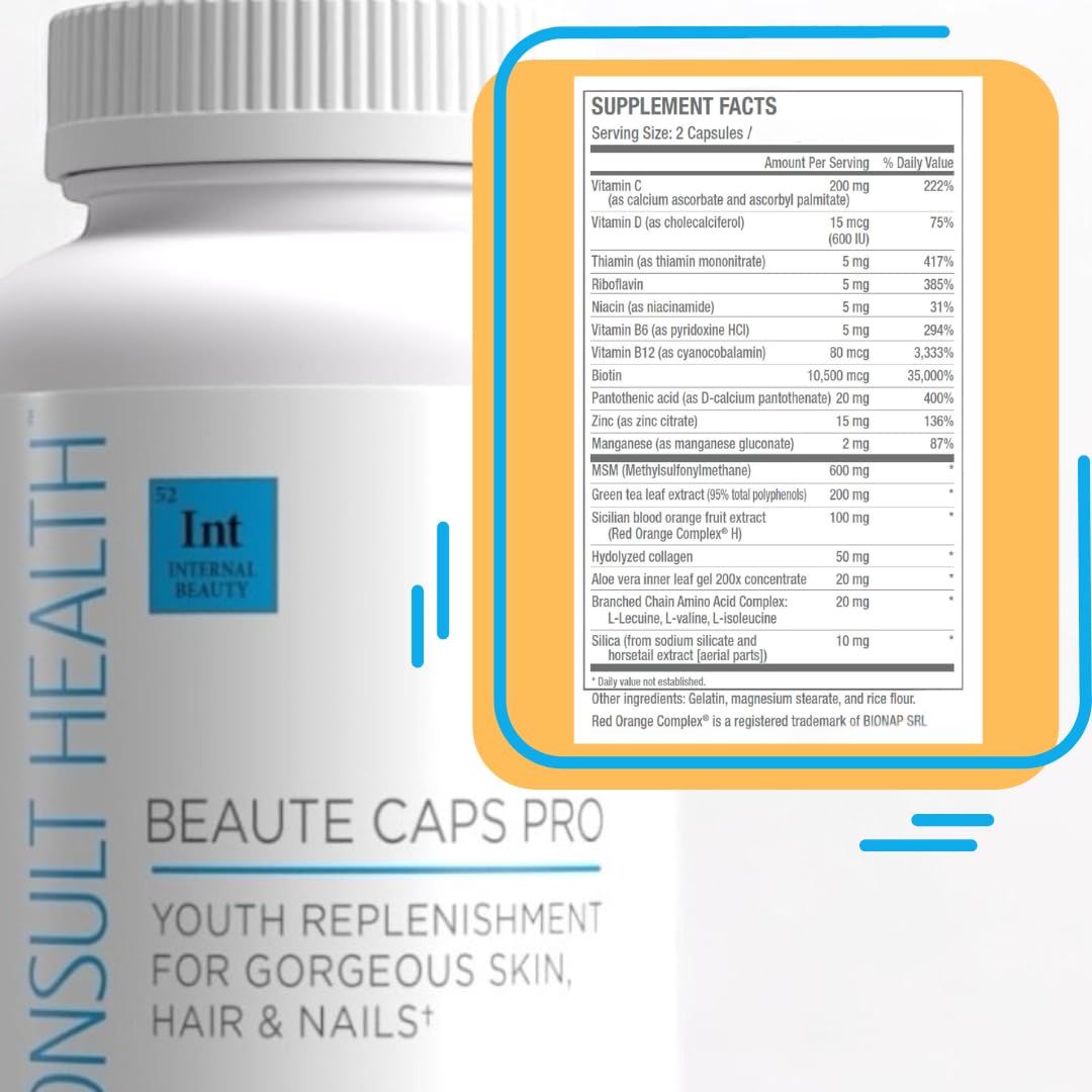 Consult Health Beaute Caps Pro - Collagen Supplement - Biotin 10,500mcg, MSM, Blood Orange for Skin, Hair, Nails Health - Collagen Vitamins - Anti-Aging, USA Made