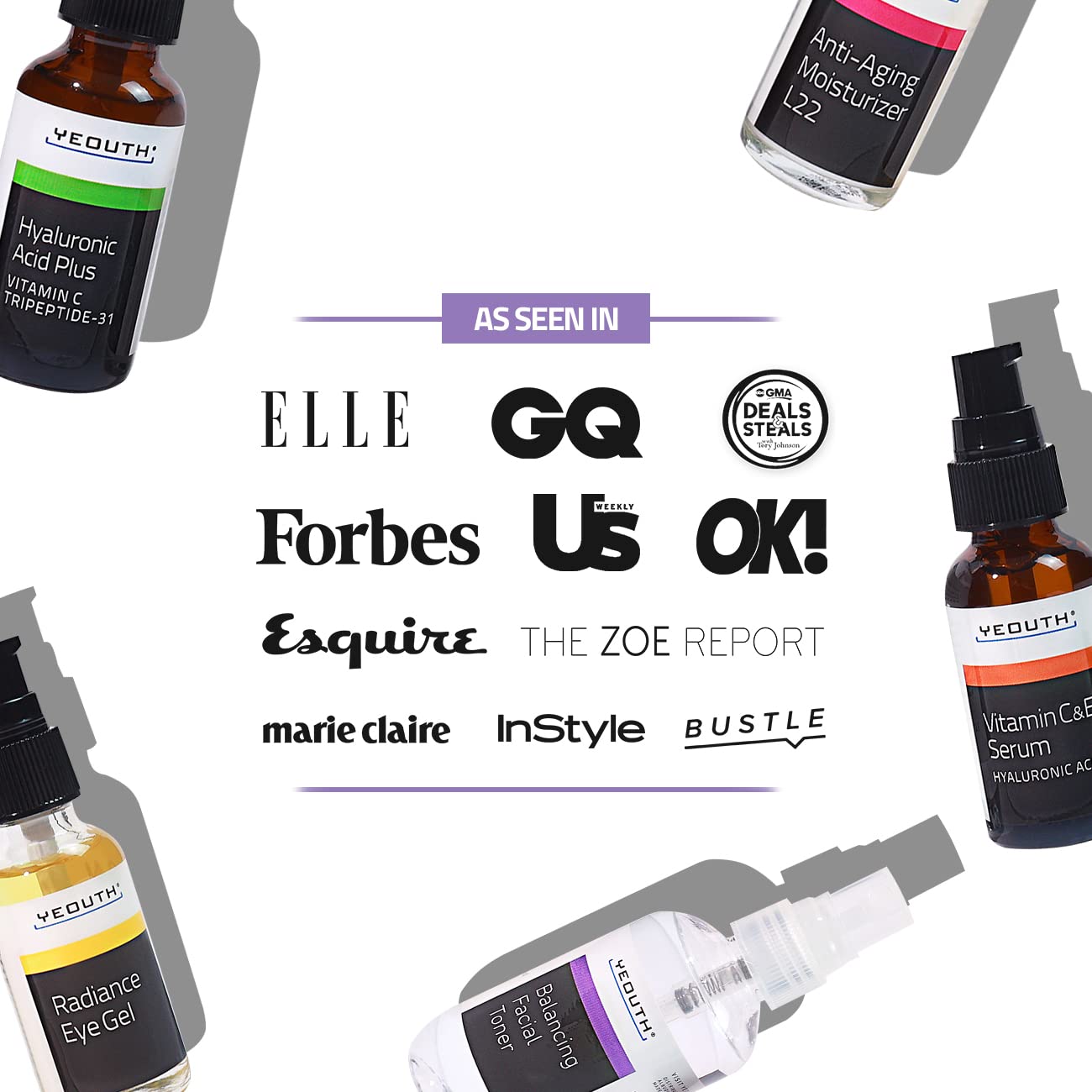 Best Complete Anti-Aging Skin Care System, YEOUTH Deluxe 5 Pack - Balancing Facial Toner*Vitamin C & E Serum*Hyaluronic Acid Plus*Radiance Eye Gel*L22 Patented Moisturizer-100% Money Back Guarantee