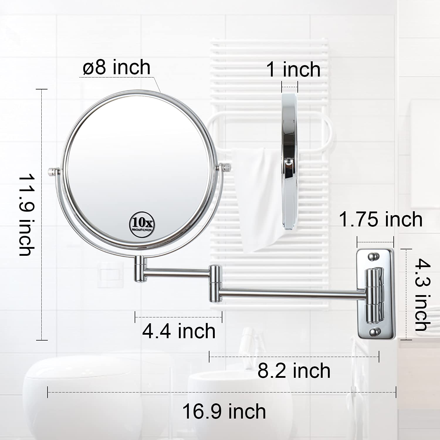 Lansi Makeup Mirror 10X Magnifying Wall Mount Double-Sided Vanity Decoration, Round, 8 Inch, Chrome Finished