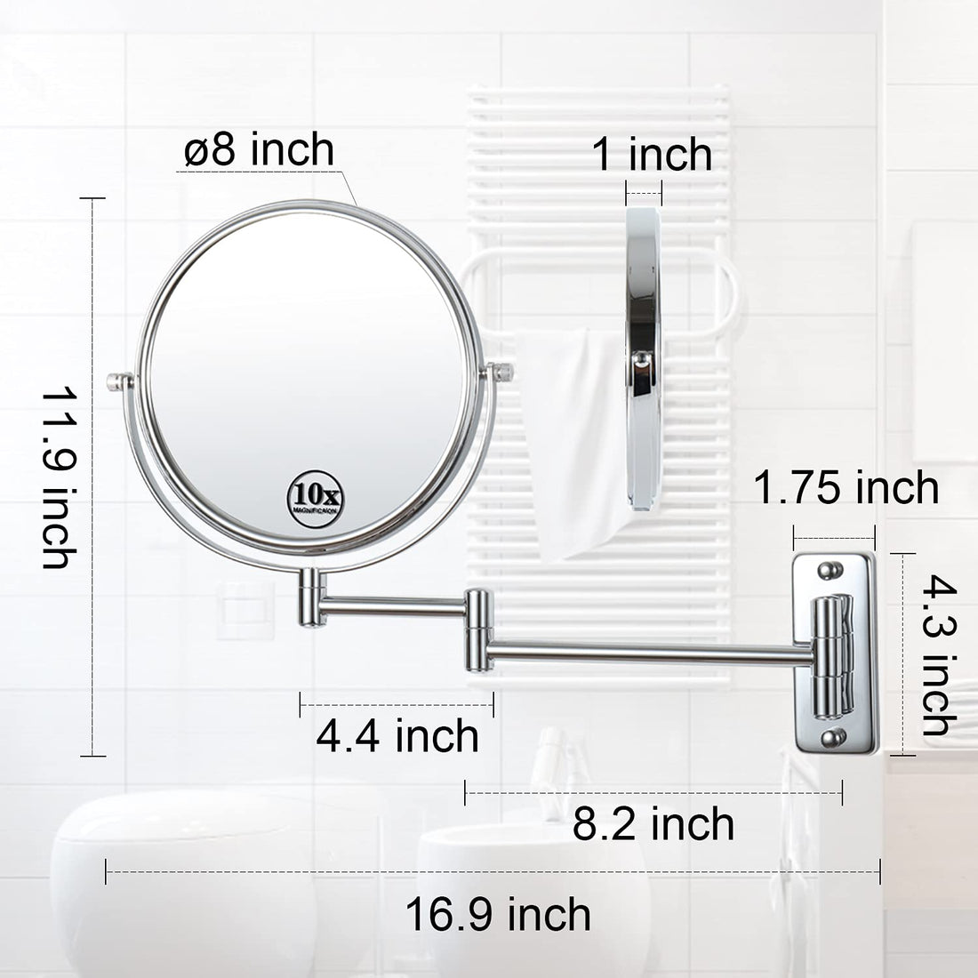 Lansi Makeup Mirror 10X Magnifying Wall Mount Double-Sided Vanity Decoration, Round, 8 Inch, Chrome Finished