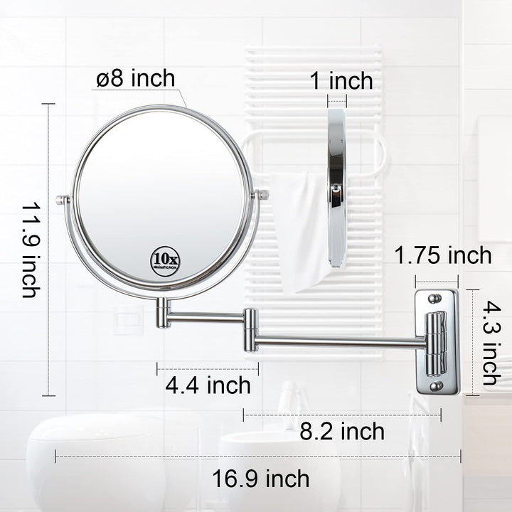 Lansi Makeup Mirror 10X Magnifying Wall Mount Double-Sided Vanity Decoration, Round, 8 Inch, Chrome Finished