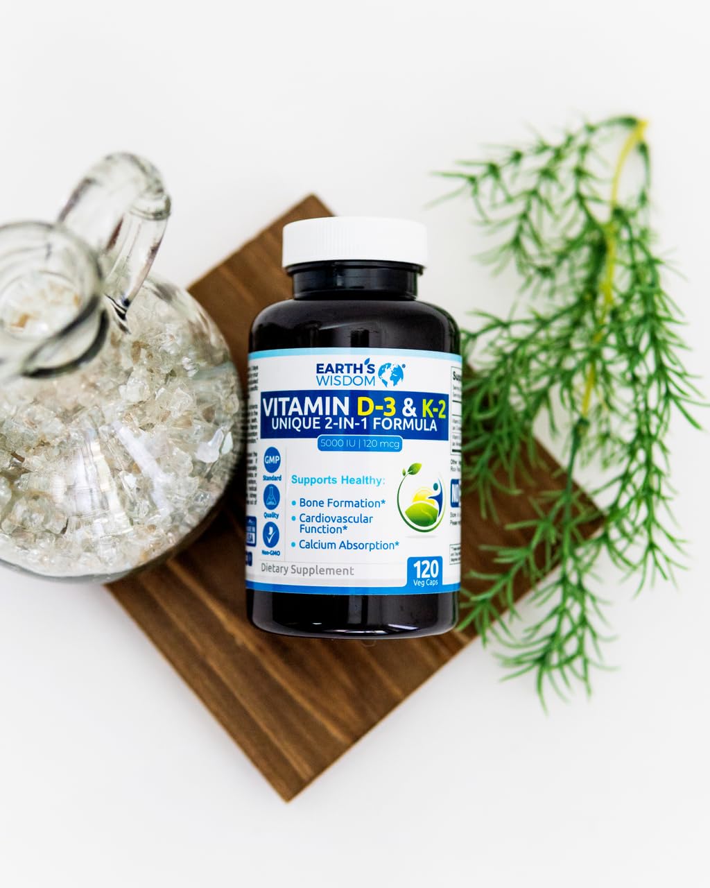 Earth's Wisdom Vitamin D3 5000 IU with K2 (MK7) Formula. Muscle, Bone, Heart & Immune Support. Superior Absorption. 120 Capsules. Free from Gluten, Dairy, Soy. Non-GMO. Manufactured in USA.