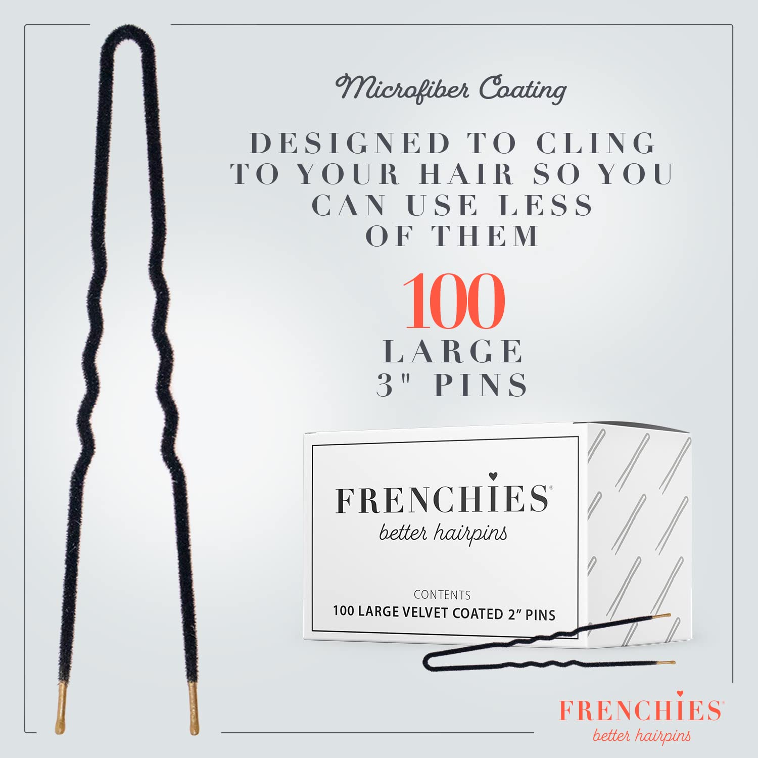 Black 100 count 3 inch: Frenchies Ultra Flocked Extra Soft French Twist Hair Pins: The French Hair Pins for Buns, Updo Hairstyles, Hair Extensions + Wigs - 100 Count Black Large (3 inch)