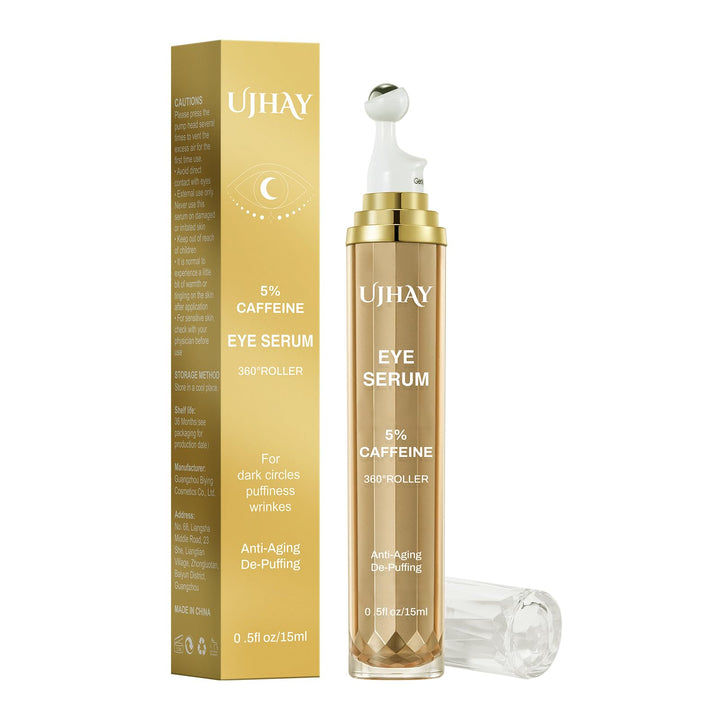 UJHAY 5% Caffeine Eye Cream, Under Eye Serum for Dark Circles, Puffiness & Wrinkles Fine Lines, Eye Roller Serum with 360° Massage Ball, Eye Treatment Balm for Men & Women