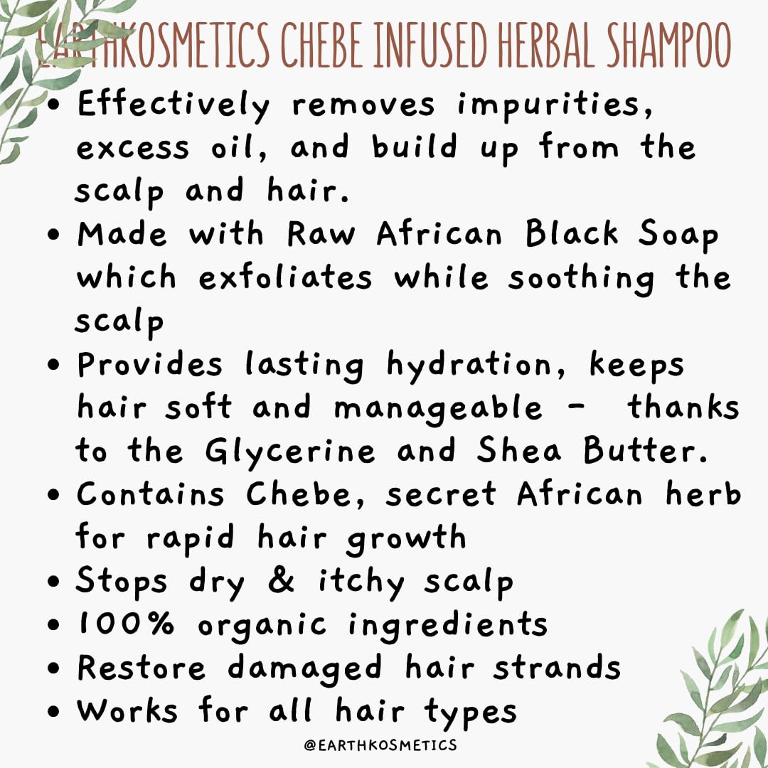 earth Kosmetics Herbal Chebe Shampoo with African Black Soap & Shea Butter: Strengthen and revitalize your hair with this blend of potent herbs and oils for growth, hydration, and shine. 4.2oz