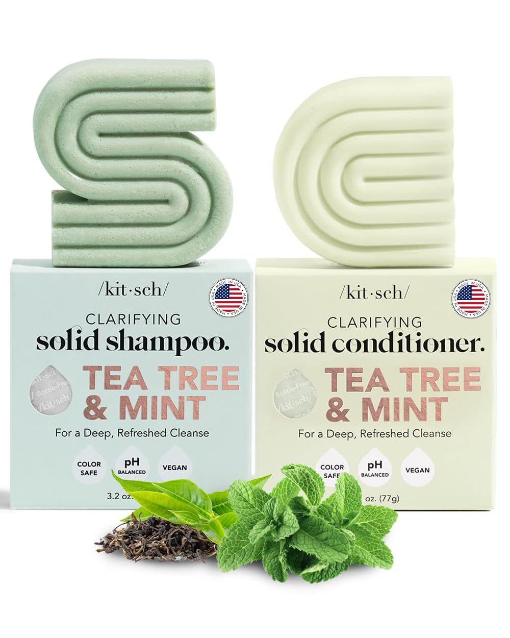 Kitsch Tea Tree & Mint Shampoo and Conditioner Bar Set, Hair Color Safe, Zero Waste, Vegan, Eco Friendly, Made in US, For All Hair Types, Paraben Free & Sulfate Free - 2pcs