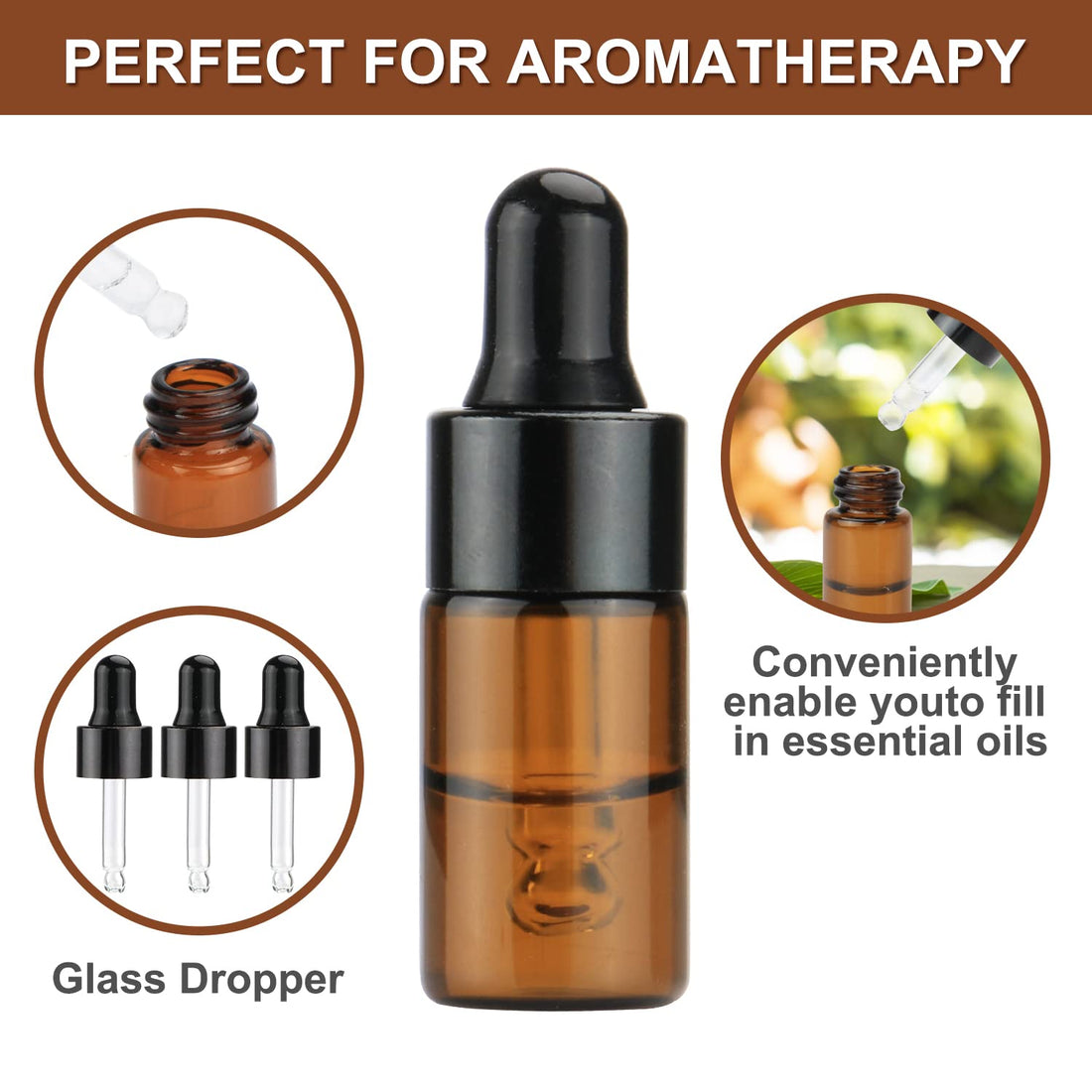 Pack of 100,3ml Amber Glass Dropper Bottle,Empty Sample Vial Glass Eye Dropper Aromatherapy Liquid Perfume Essential Oil Bottles with Glass pipette&Black Aluminum caps-Pipette&Funnel included