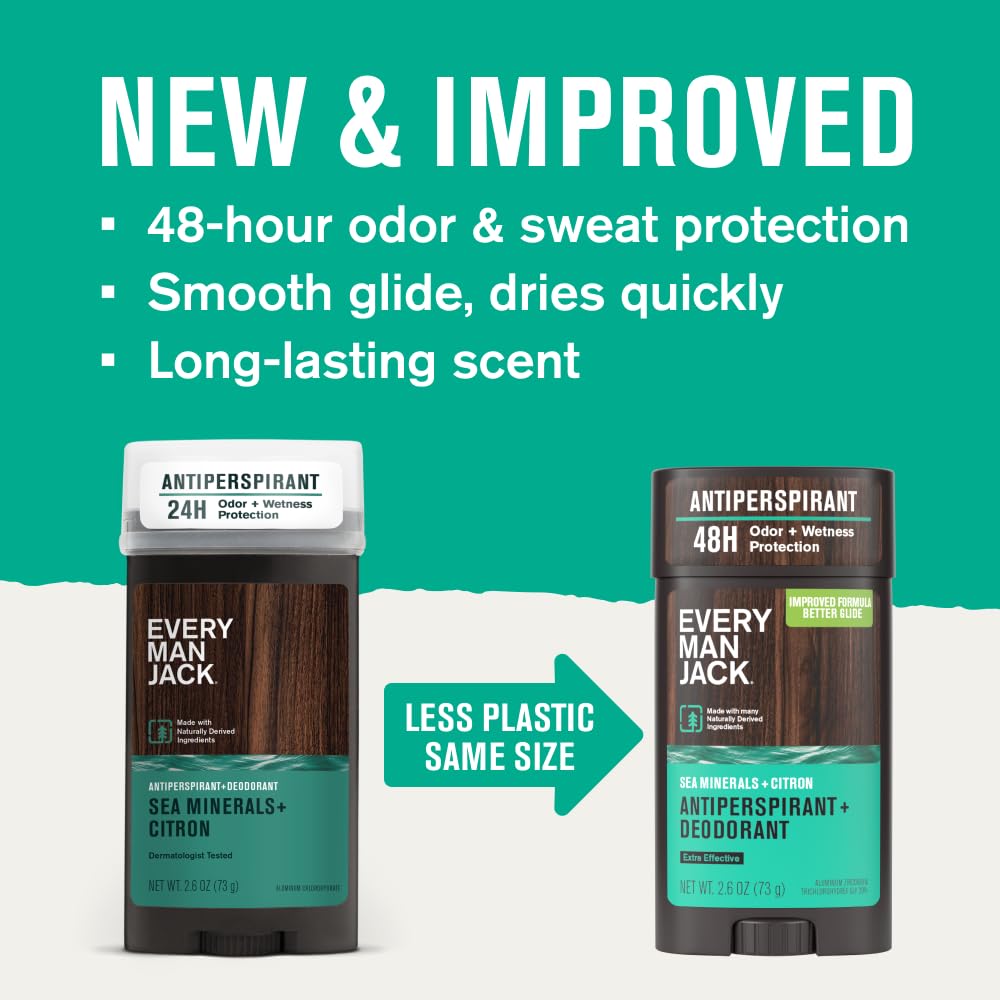Every Man Jack Men’s Sea Minerals + Citron Antiperspirant Deodorant – New & Improved Formula – Smooth Glide, 48-Hour Odor & Sweat Defense– 2.6 oz (2 Pack)