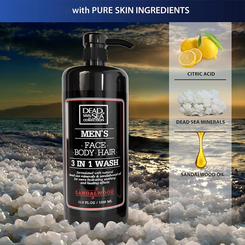 Dead Sea Collection Mens Body Wash 3 in 1 – Sandalwood Body Wash for Men – Shower Gel – Shampoo – Shower Soap for Face and Hair (33.8 Fl. Oz)