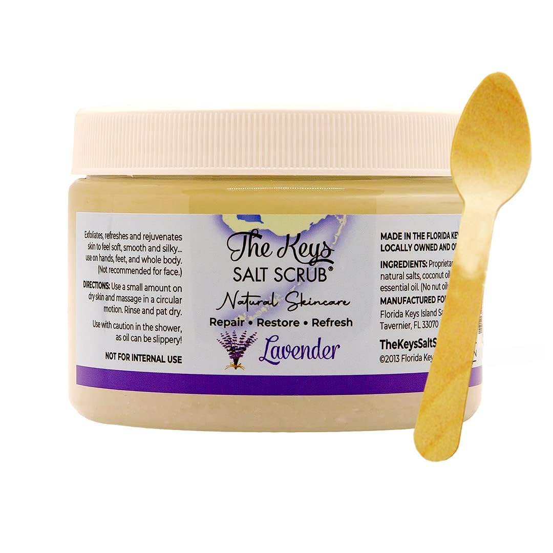 The Keys Salt Scrub - Lavender Sea Salt Scrub - Exfoliating Body Scrub with Wooden Spoon - Moisturizing Exfoliator for Face, Hands, Foot, Bath, Manicure & Pedicure, and Bikini Area Skin Care (12 oz.)