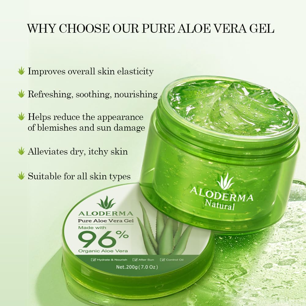 USDA Organic Aloe Vera Gel by Aloderma - 96% Pure Organic Aloe 7 oz; Made from fresh Aloe vera leaves, Not freeze-dried powder. (7 oz)