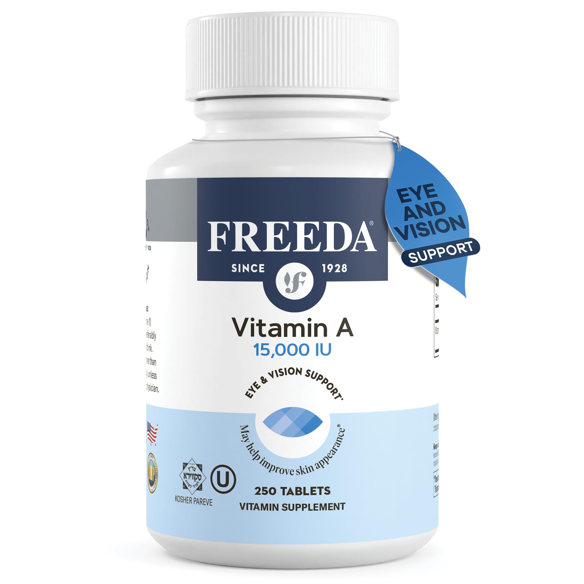 Freeda Kosher Vitamin A Palmitate - Retinyl Palmitate Pure Vitamin A 15,000 IU - Vitamin A Supplement to Support Eye, Vision & Immune Health - Vit A Vitamin Supplements - Vitamina A - 250 Tablets