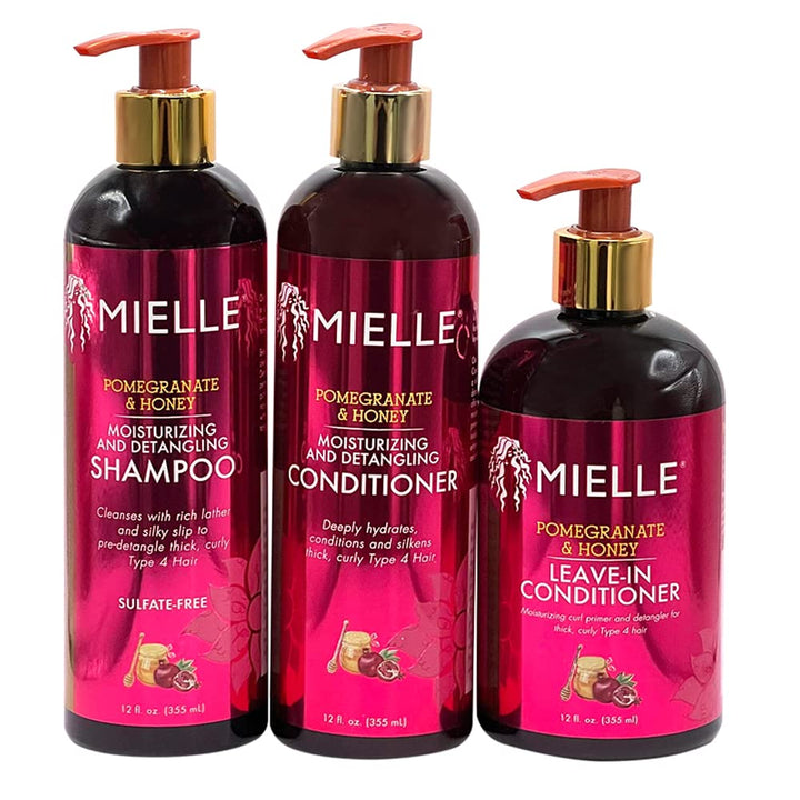MIELLE Pomegranate & Honey – Moisturizing & Detangling Sulfate-Free Shampoo, Conditioner, Leave-in Conditioner – Full Collection Bundle Combo Set 3PCS