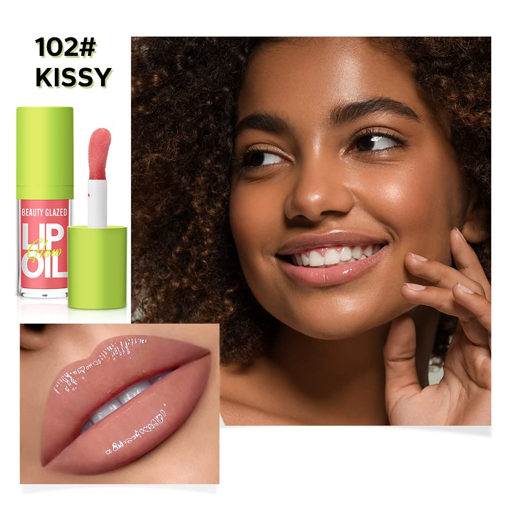 Beauty Glazed Big Brush Head Lip Oil, Ultra-Hydrating & Nourishing, Smooth Glossy Finish Lip Glow Oil, Shiny and Vegan Tinted Lip Gloss, Non-Sticky Formula (4, 101# 102# 105# 107#)