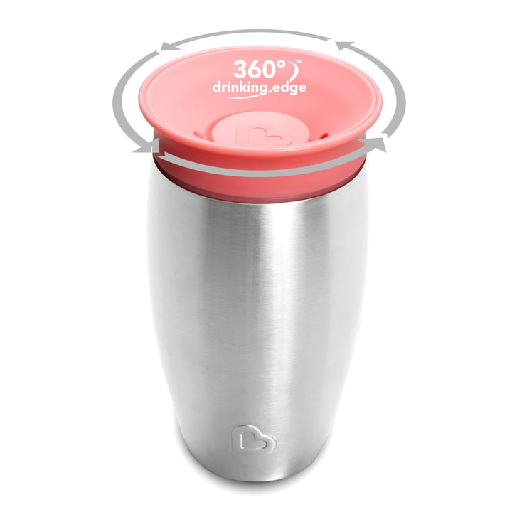 Munchkin Stainless Steel Sippy Cups for Toddlers 1-3, Spill Proof Miracle 360 Cup, Insulated, 10 Ounce, Pink