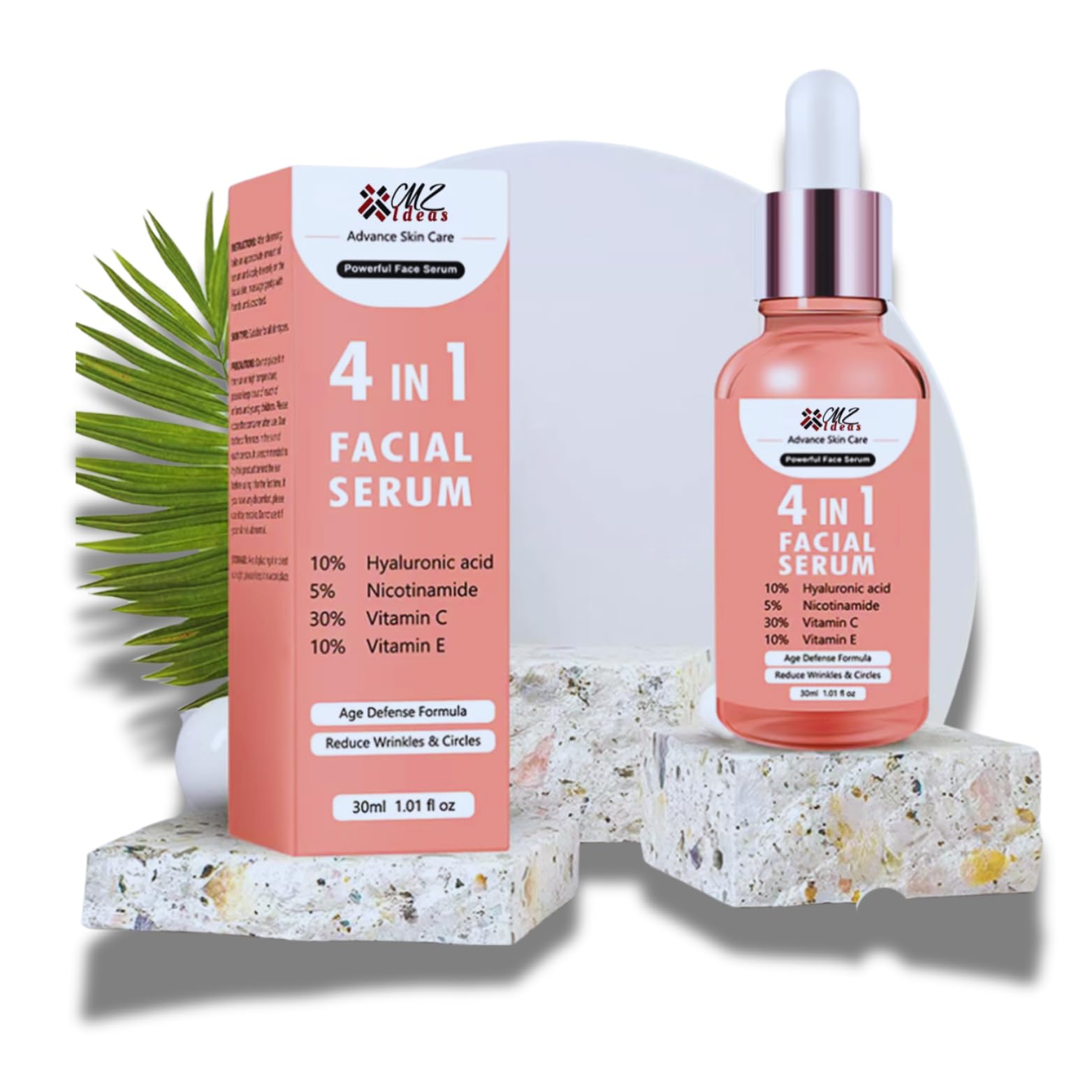 4 in 1 Facial Serum, 10% Hyaluronic Acid, 5% Niacinamide, 30% Vitamin C, 10% Vitamin E, 1.01 fl oz