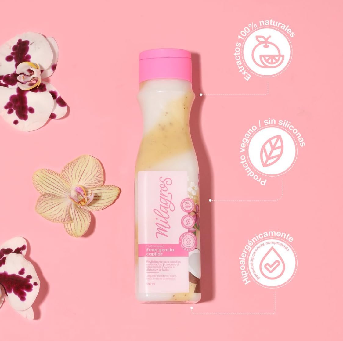 Generic Emergencia Capilar Kit of 2 Milagros Colombian Hair Care Products Shampoo and Treatment for Natural Growth, Strengthening, and Repair, 100% Natural, Pink