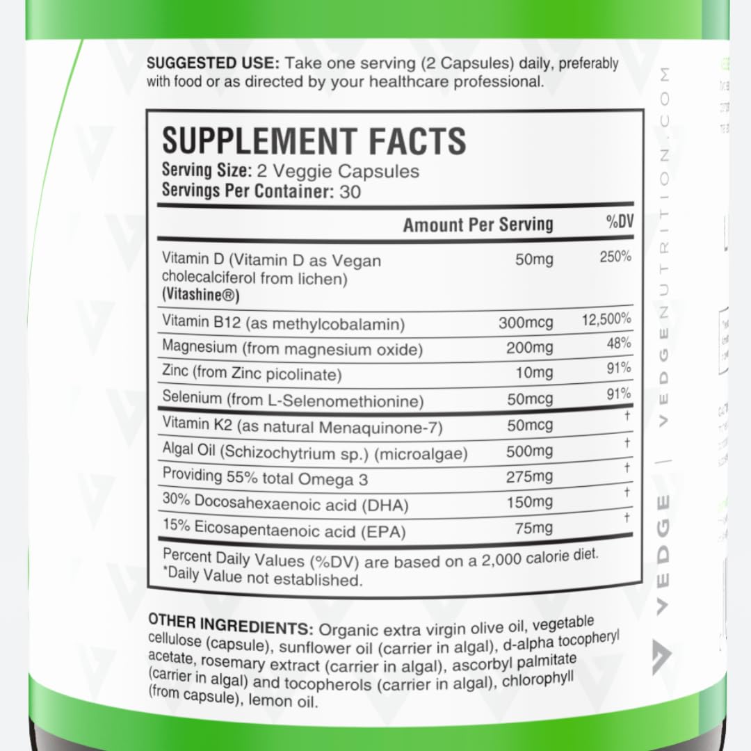 vedge Vegan Omega 3 - Daily Multivitamin Contains Vitamin D, Vitamin B12, Algal Oil for Vegan EPA & DHA - Natural Vitamins, Minerals - 30 Day Supply Nutrition Essential