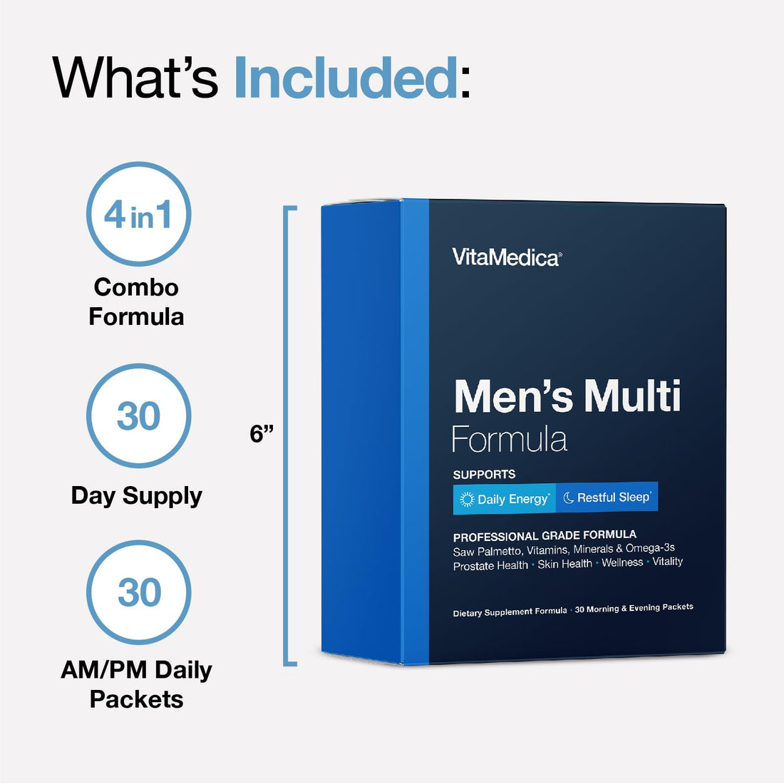 VitaMedica Men’s Multivitamin with Prostate Health Support | Vitamins, Minerals, Omega3s and Saw Palmetto | Box of 30 Easy Daily Packs | Supports Natural Energy and Sleep | Muscle, Joint Health