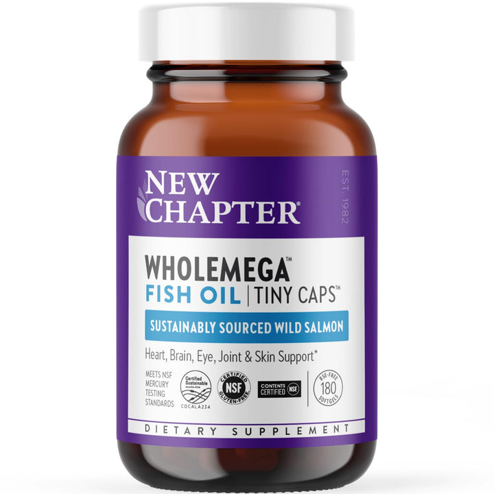New Chapter Wholemega Fish Oil Supplement - Wild Alaskan Salmon Oil with Omega-3 + Vitamin D3 + Astaxanthin + Sustainably Caught - 180 ct Tiny Caps, 500mg Softgels