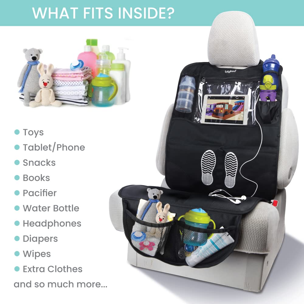 Lulyboo Car Seat Protection for Baby Carseat - Car Seat Organizer Back Seat - Behind Backseat Car Organizer for Kids Stuff, Toys, Tablet, Storage - Front & Rear Facing Kick Mat Seat Protector Black