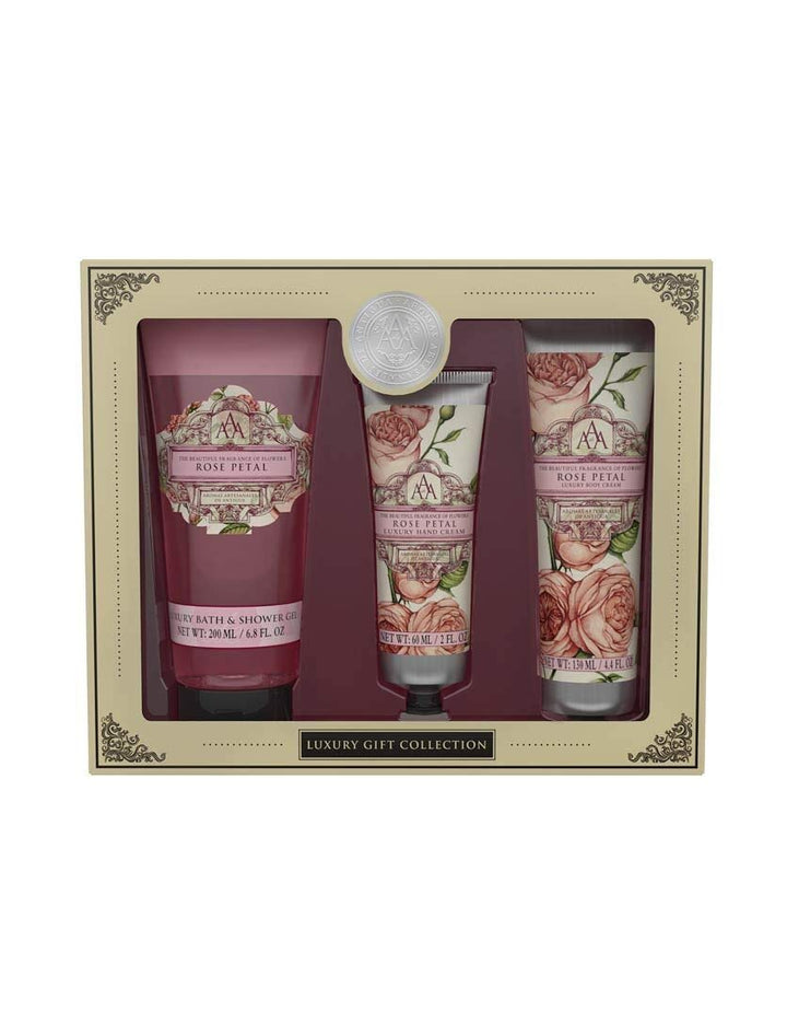 Rose Petals with Somerset Body Care Gift Set Shower Gel, Hand Cream and Body Lotion in a beautiful gift box