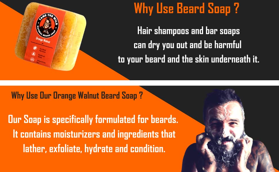 Tame the Wild Orange Walnut Beard Soap - Natural Beard Wash - Beard Shampoo & Conditioner - Mens Exfoliating Face & Body Scrub - Made of Shea Butter & Coconut Oil - 1 5oz Bar - Father's Day Gift