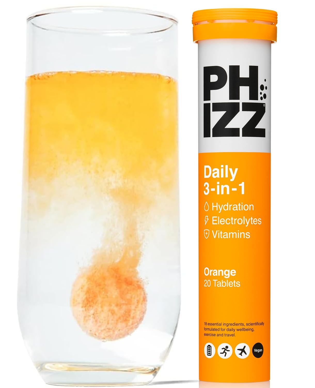 Phizz Electrolyte Multivitamin Rehydration Tablets - 19 Vitamins & Minerals, Energy Boost (Orange, 20 Tablets)