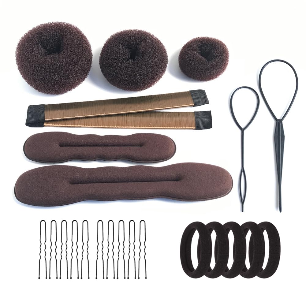 iFltMars 3 Pieces Hair Donut Bun Makers, 2 Pieces Foam Sponge Bun Shapers, 1 Pieces Magic French Twist Hairstyle Clip,2 Snap Bun Makers,10 pieces Hair Elastic Bands, 20 pieces Hair Pins (Brown)