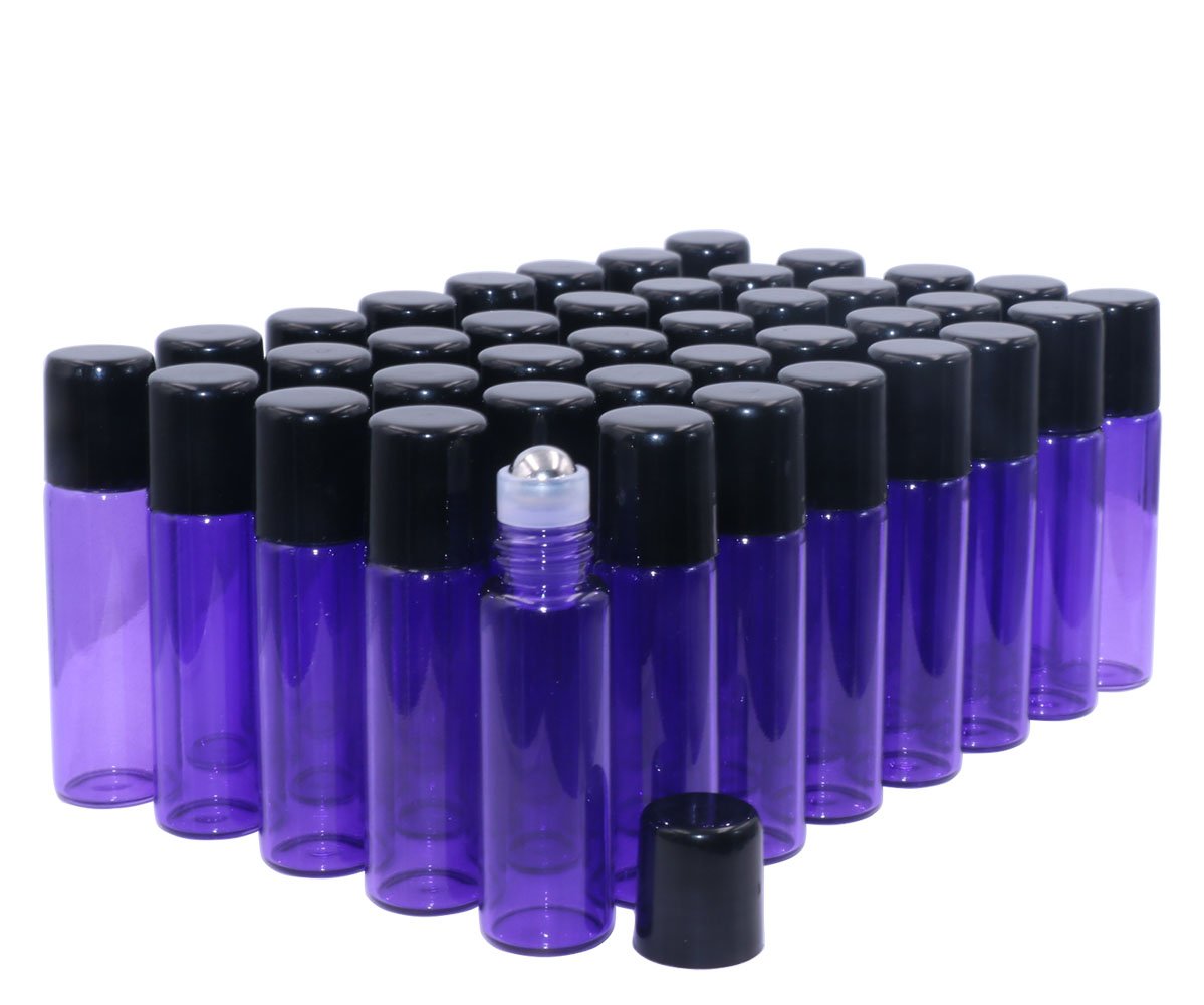 Glass Roller Bottles,5ml(1/6oz) Purple 40 Pack Roll on Glass Bottles for Essential Oils Aromatherapy,Perfume Oils,Lip Balms,DIY Blends creations,with Stainless Steel Roller Ball Black Lid-FREE Dropper