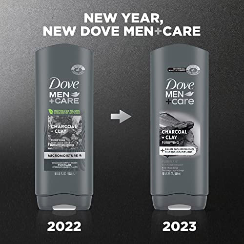 DOVE MEN + CARE Elements Body Wash Charcoal + Clay, Effectively Washes Away Bacteria While Nourishing Your Skin, Gray, 18 Fl Oz