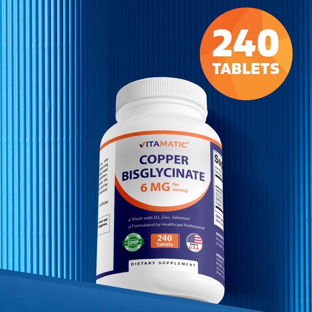 Vitamatic Copper Bisglycinate 6 mg Made with Vitamin D3 2000 IU, Zinc 50mg, Selenium 50mcg - 240 Tablets - Non-GMO & Gluten Free